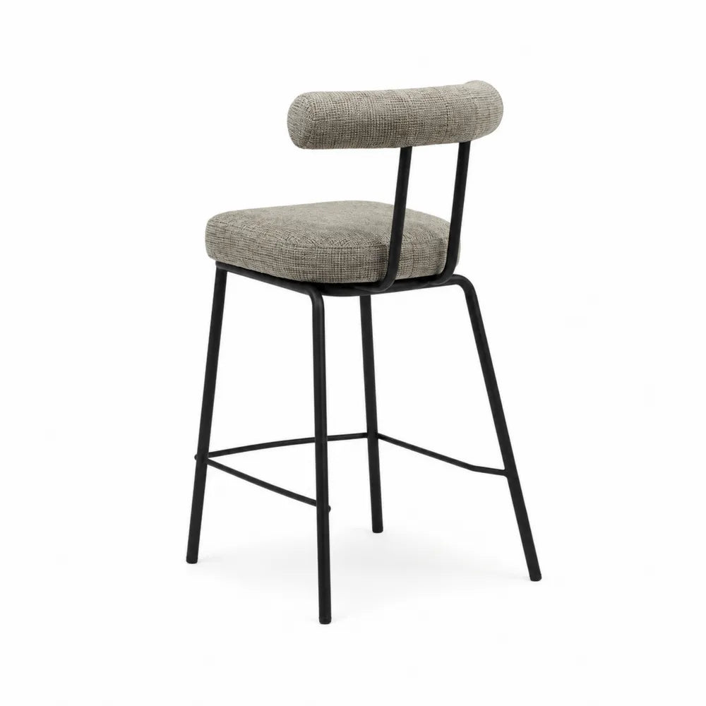 Barhocker mit Metallrahmen und grauem Polyestergewebe