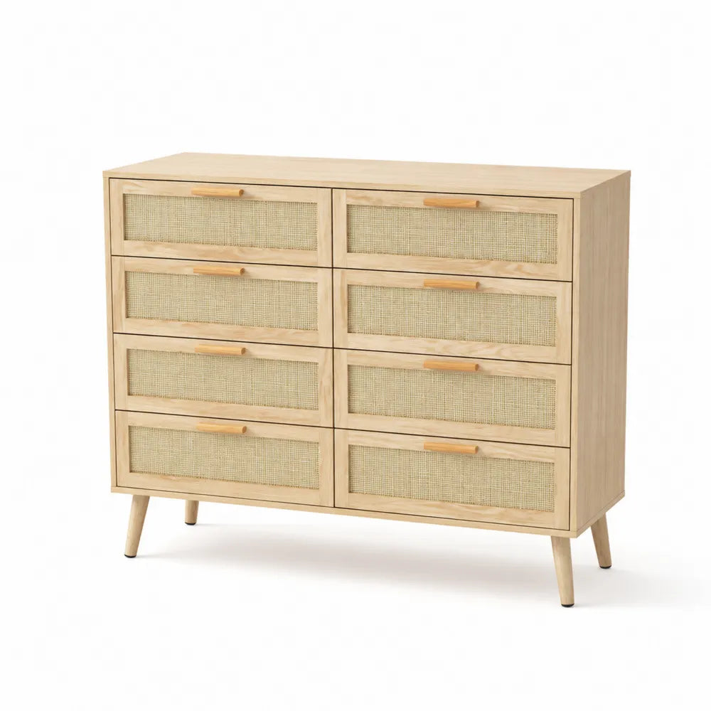 Kommode aus Massivholz und Rattan-Geflecht, Beige, 8 Schubladen, 100x80x35cm