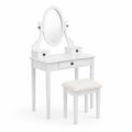 Schminktisch-Set mit ovalem Spiegel und Hocker aus MDF in Weiß