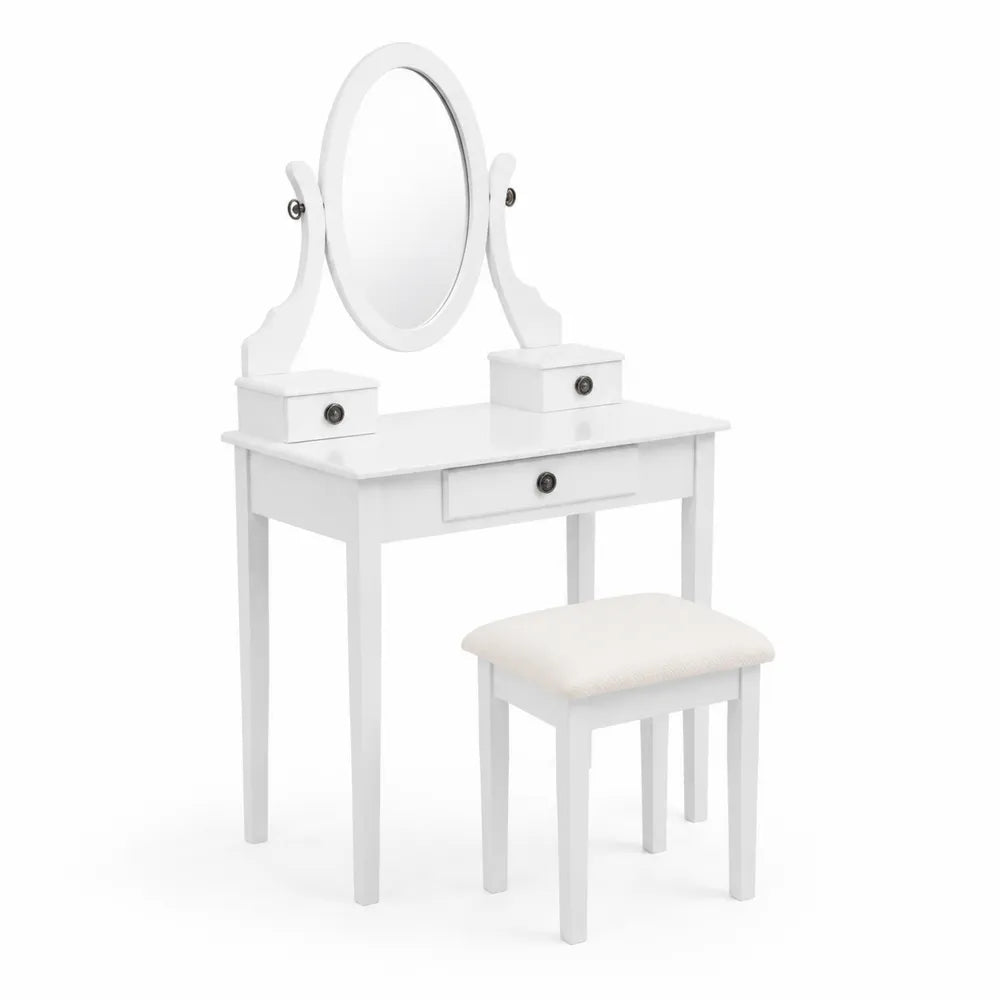 Schminktisch-Set mit ovalem Spiegel und Hocker aus MDF in Weiß